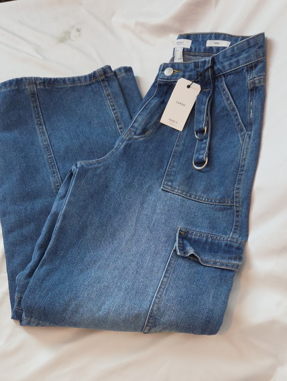 Forever 21 Men's Blue Cargo Denim Jeans with D-Ring Detail